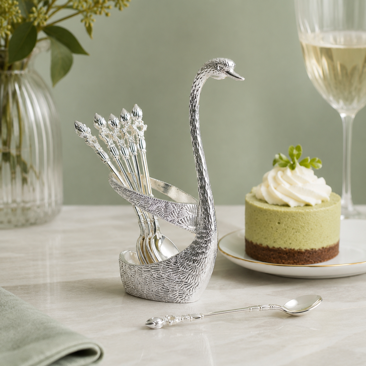 Swan dessert spoon in use